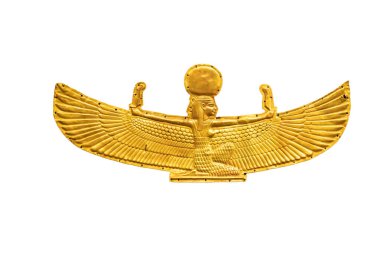 Altın Tanrıça Isis uzanan kanatlarıyla, beyaz arka planda izole.
