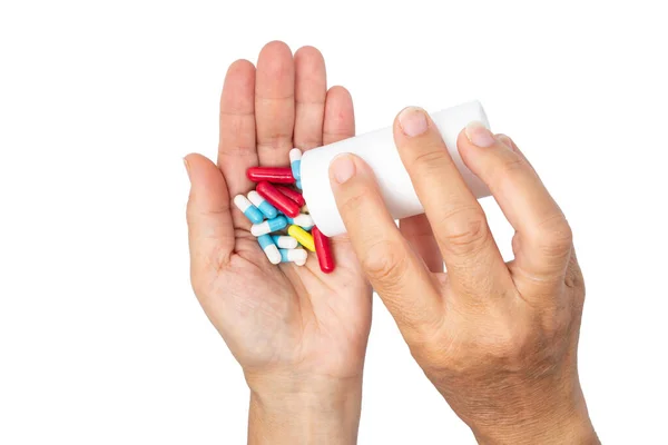 Uma Mulher Despeja Comprimidos Garrafa Mãos Com Pílulas Derramando Pílulas — Fotografia de Stock