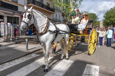 Seville, İspanya - 15 Nisan 2018: Kadınlar Seville Nisan Fuarı 'nda (Feria de Abril de Sevilla) Pamela şapkalı geleneksel İspanyol elbisesini taşıyor)