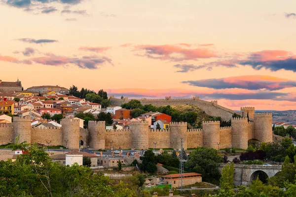 Mury Średniowiecznego Miasta Avila Zachodzie Słońca Hiszpania — Zdjęcie stockowe