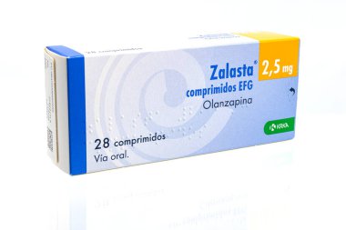 Huelva, İspanya-21 Ocak 2021: KRKA Eczacılık 'tan bir kutu Olanzapine markası Zalasta, antipsikotik ilaç olanzapine depresyondaki hastalarda bir artırma tedavisi olarak kullanılmıştır.