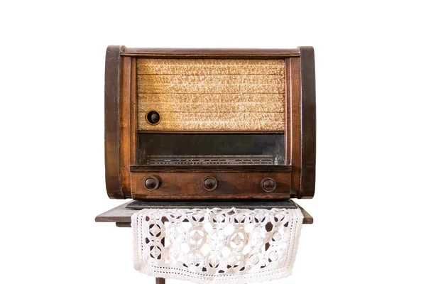 Vintage Sintonizzatore Radio Tubo Situato Uno Scaffale Legno Panno Fatto — Foto Stock