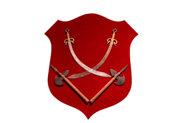Swords Axes Red Velvet Shield Isolated White Background — Stock Photo, Image