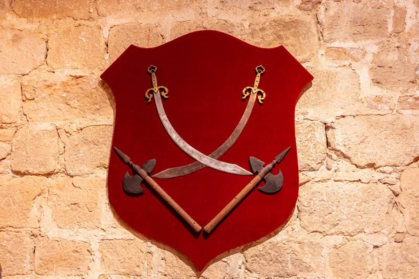 挂在墙上红色天鹅绒盾牌上的刀剑和斧头 — 图库照片