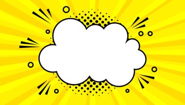 Sarı arka planda komik konuşma balonları. Yarım ton güneş ışınlı çizgi roman tarzı. Çizgi roman sanatı. komik arkaplan