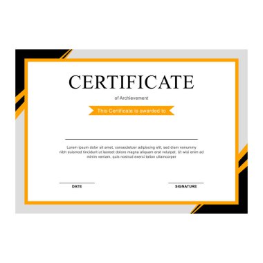 Modern siyah ve sarı sertifika şablonu. Şirket, iş ve eğitim için lüks sertifika tasarısı. Sertifika, yaratıcılık ödülü, diploma. vektör illüstrasyonu