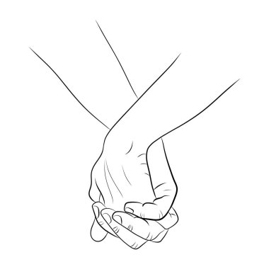 Birbirini kollayan iki el. El ele tutuşan çift resim çiziyor. Aşk, ilişki, sevgililer günü konsepti. vektör illüstrasyonu