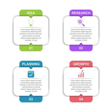 Yuvarlak dikdörtgen kutulu 4 aşamalı bilgi şeması. renkli bilgi şablonu. Sunum, iş akışı planları, afiş. vektör illüstrasyonu