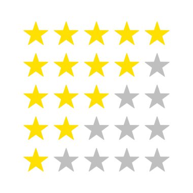 Beş yıldızlı ikon. Uygulama değerlendirmesi için yıldız 1 'den 5' e ayarlayın. Beş yıldızlı müşteri ürün değerlendirme ikonu vektörü. kalite ve seviye kavramı