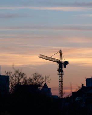 Crane in the Sunset of Duesseldorf Germany in November 2025 - Şehir Geliştirme. Yüksek kalite fotoğraf