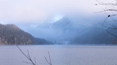 Bavyera 'daki Alpsee' nin üzerinde muhteşem Mavi ve Mor Işıklı Güzel Manzara - Moody Kış Manzarası 'nda Göl Resmi. Sisli bir gün ve çok kaliteli bir fotoğraf.