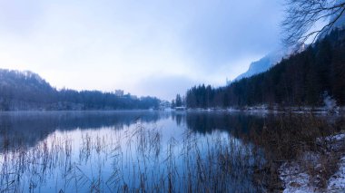 Bavyera 'daki Alpsee' nin üzerinde muhteşem Mavi ve Mor Işıklı Güzel Manzara - Moody Kış Manzarası 'nda Göl Resmi. Sisli bir gün ve çok kaliteli bir fotoğraf.