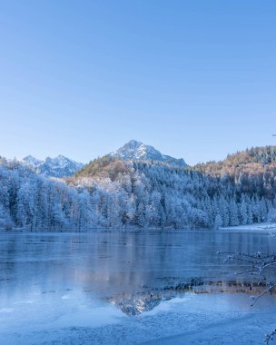 Almanya 'nın Bavyera Allgaeu bölgesindeki Alatsee' de güneşli kış atmosferiyle donuk dağlar yansıyor. Yüksek kalite fotoğraf