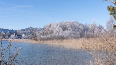 Bavyera 'da Weissensee' de dondurucu bir gün. Allgaeu Almanya 'da, güneşli kış titreşimleri yüksek kaliteli bir fotoğrafla.