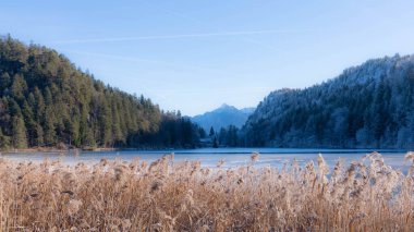 Bavyera 'da Weissensee' de dondurucu bir gün. Allgaeu Almanya 'da, güneşli kış titreşimleri yüksek kaliteli bir fotoğrafla.