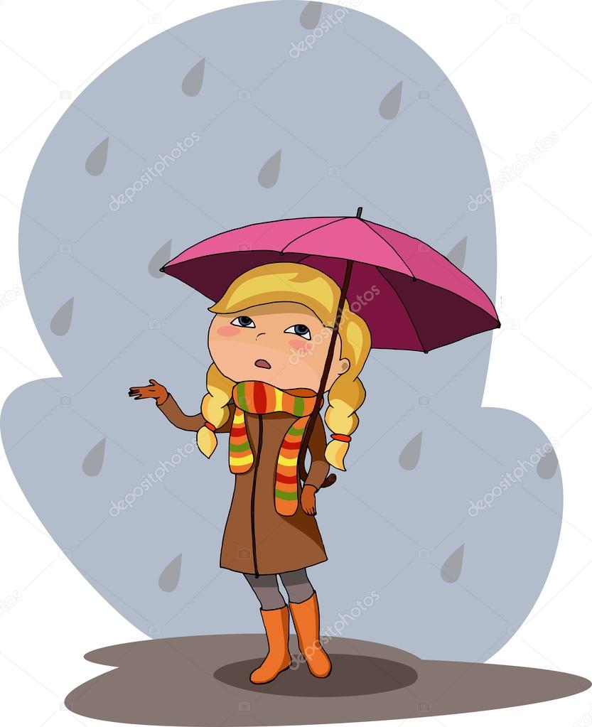 girl pink umbrella rainy grey day