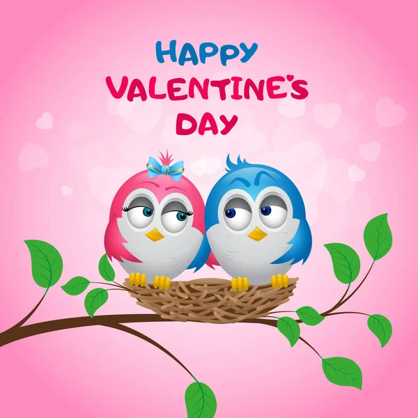 Birds Love Sit Nest Tree Branch Pink Background Hearts Happy — Stock Vector