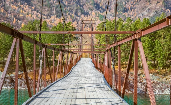 Hängebrücke Rostige Brücke Umgeben Von Bäumen Und Bergen Verringerung Der — Stockfoto