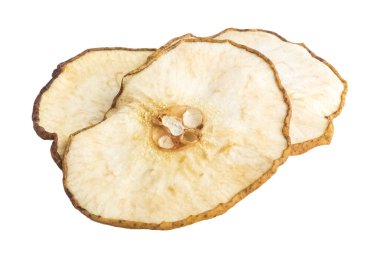 Beyaz bir tabakta lezzetli kurutulmuş elmalar. Ayrı nesne