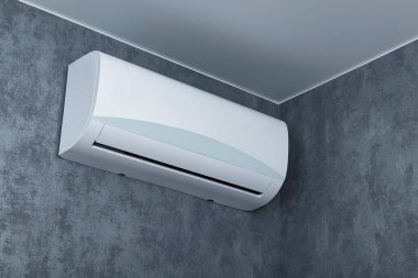 Gri bir duvarda beyaz klima. Kapalı alan iklimi ya da ekipman kurulumu kavramı. Boşluğu kopyala