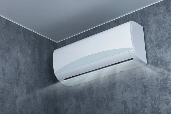 Witte Airconditioner Ingeschakeld Grijze Muur Ventileren Van Lucht Het Concept — Stockfoto