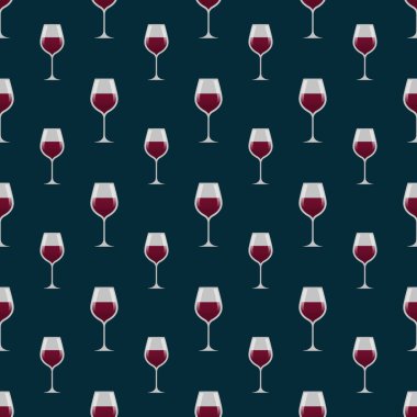 Mavi arka planda kırmızı şarap kadehleri. Menü için kusursuz bir arkaplan, tekstil. Vektör, resimleme