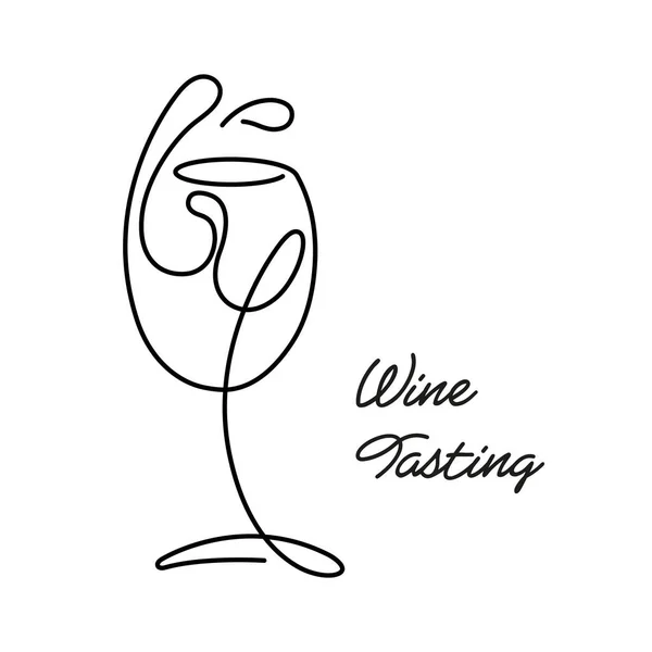 Bir bardak şarap aralıksız bir çizgiyle ve beyaz arka planda şarap tatma yazısıyla çizilir. Bar ya da restoran menüsü konsepti. Vektör, resimleme