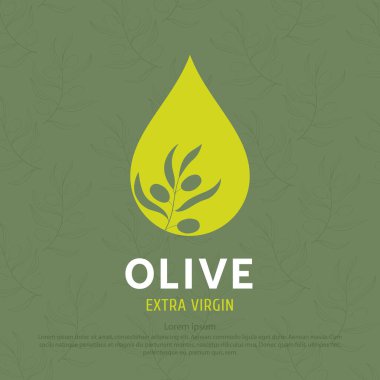Zeytinyağı damlası logosu ve dal silueti. Bakir yağ ambalajında logolar, simgeler ve etiketler için tasarım konsepti. Vektör, resimleme