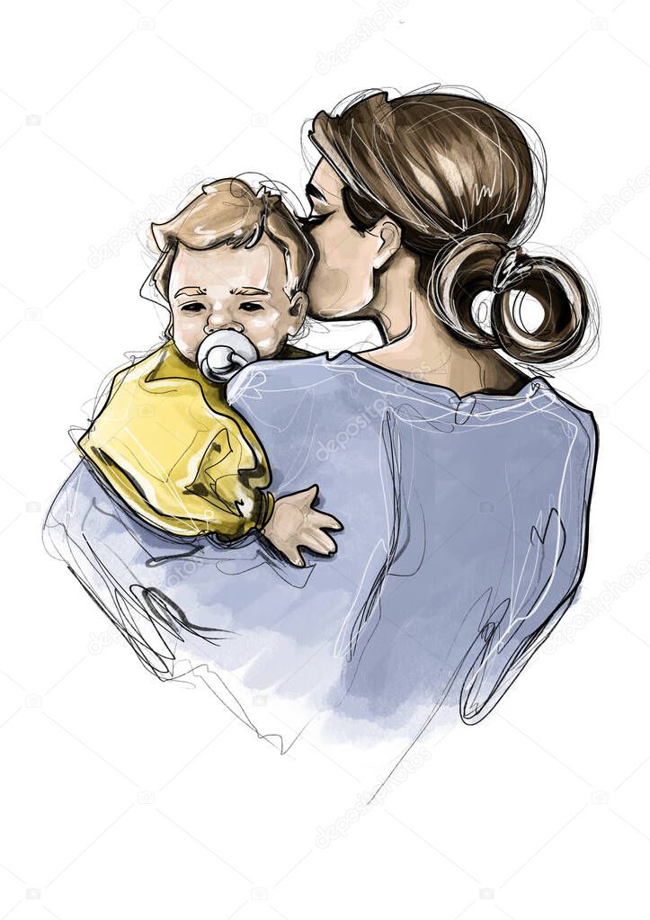 Mom with a baby in her arms. Rear view of mother with little son sucking pacifier. Mother's Day concept, child protection