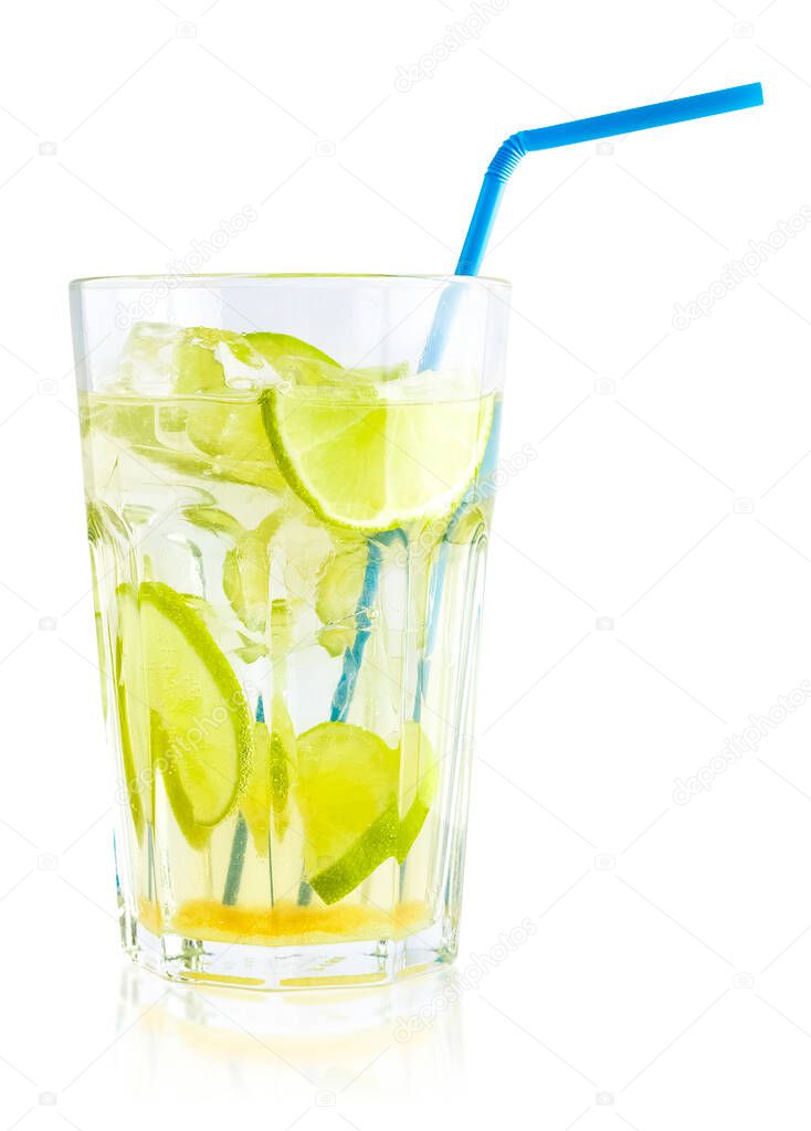 Cool drink or lime cocktail in a glass glass. Mahito with ice and lime pieces. Isolated object on white background