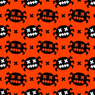 Turuncu arka planda neşeli örümcekler. Cadılar Bayramı tişört ya da ambalaj için kusursuz desen. Vektör, resimleme