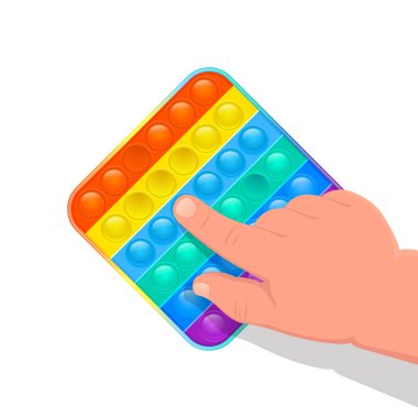 Bir çocuğun eli, parmaklarıyla kabarcıklar çıkarıyor. Çocuk oyuncağı, silikon, anti-stres oyuncağı. Vektör, resimleme