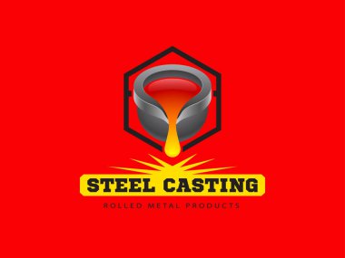 Kırmızı arka planda metal döküm logosu ya da amblemi. Demir kepçe ve erimiş metal. Madencilik ve metal işleme kavramı. Vektör, resimleme