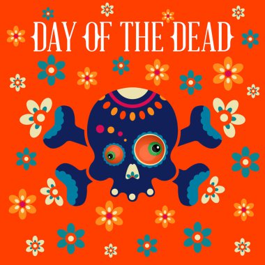 Çapraz kemikli Meksika şeker kafatası ve turuncu arka planda çiçekler. ÖLÜM GÜNÜ. Poster, tebrik kartı, pankart, amblem için tasarım. Vektör illüstrasyonu