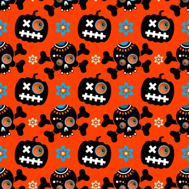 Cadılar Bayramı 'nda ya da Meksika' da Ölüm Günü 'nde kusursuz bir düzen. Turuncu arka planda çiçekli kafatası ve balkabağı kumaş ve ambalaj baskısı için. Vektör, resimleme