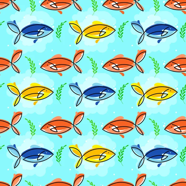 Colorful Fish Blue Background Fish Line Seamless Pattern Cute Decorative — Stock Vector