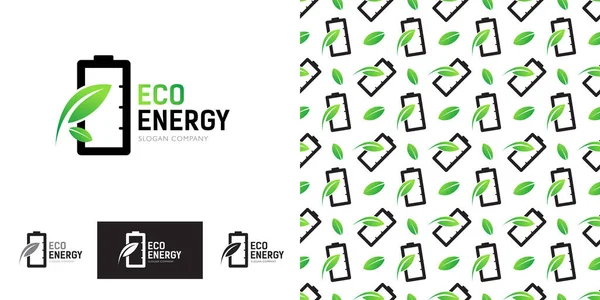 生态能源 标志模板 电池图标和绿叶 安全和清洁的象征 没有缝隙的背景矢量 — 图库矢量图片