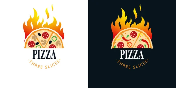 Set Logo Emblem Three Slices Pizza Flame Fire Suitable Pizza — Stock Vector