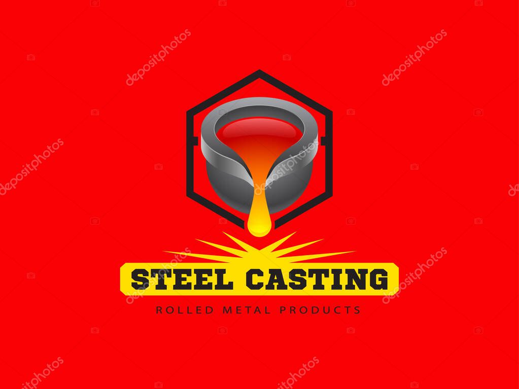 Metal casting logo or emblem on a red background. Cast iron ladle and outflowing molten metal. The concept of mining and processing of metals. Vector, illustration
