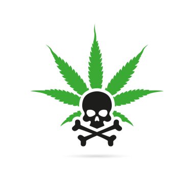 Kafatası olan yeşil kenevir yaprağı. Logo ya da amblem konsepti. Vektör, resimleme