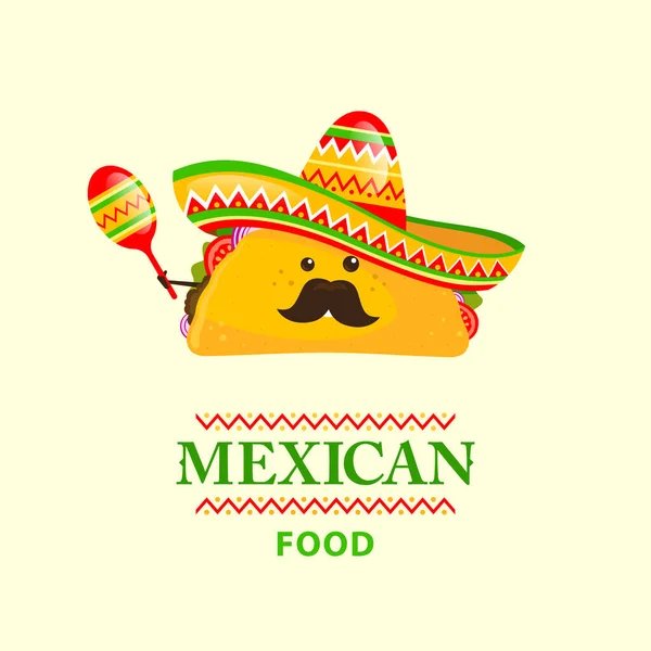 Tacos Desenho Animado Com Bigode Chapéu Mexicano Maracas Mão Conceito — Vetor de Stock