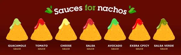 Set Nachos Con Salse Diverse Sapori Fondo Rosso Menù Messicano — Vettoriale Stock