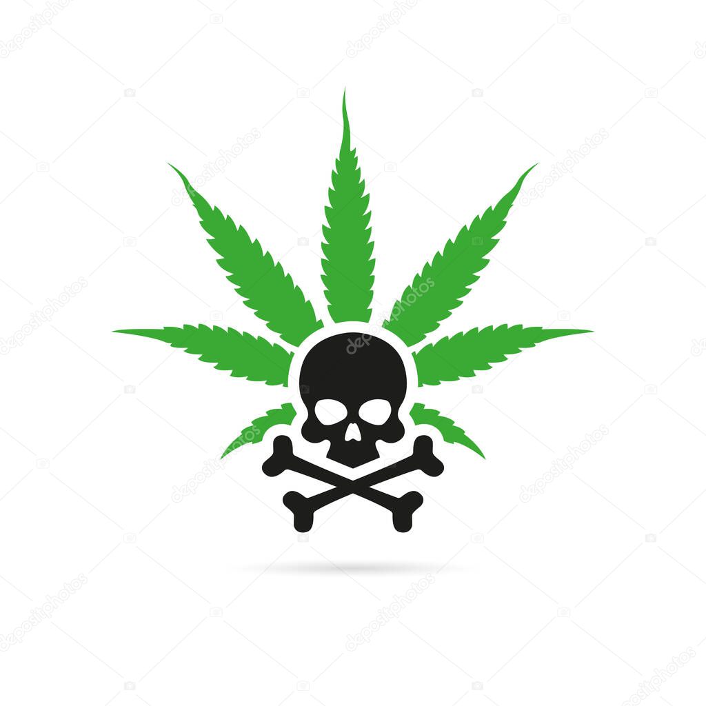 Hoja de cannabis verde con cráneo. Concepto de logotipo o emblema