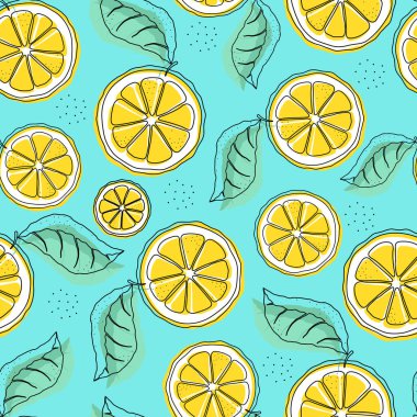 Mavi arka planda limon dilimleri. Tekstil, ambalaj ve ambalaj üzerine baskı için Citrus tasarımı. Vektör, resimleme