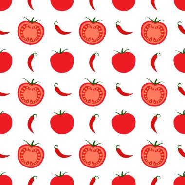 Beyaz arka planda kırmızı domates ve kırmızı biber. Kusursuz bir geçmişi var. Tekstil ve ambalaj üzerine basım için sebze tasarımı. Vektör, resimleme