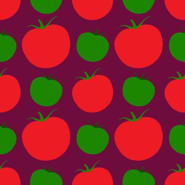 Kusursuz bir geçmişi var. Kırmızı zemin üzerinde yeşil ve kırmızı domatesler. Tekstil ve ambalaj üzerine basım için sebze tasarımı. Vektör, resimleme