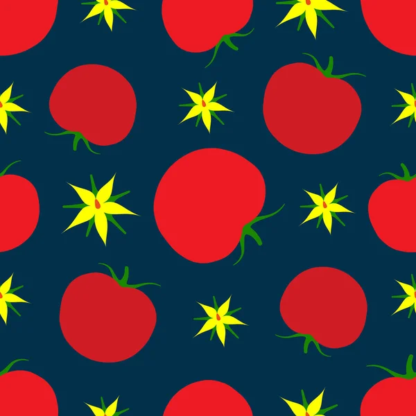 Tomates Rojos Flores Amarillas Sobre Fondo Oscuro Fondo Sin Fisuras — Vector de stock