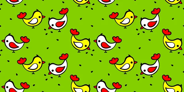 Cartoon Birds Chickens Pecking Seeds Green Background Seamless Pattern Printing — Stock Vector