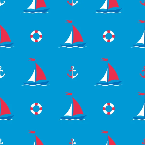 Sailboat Anchor Lifebuoy Blue Background Seamless Background Marine Pattern Fabric — Stock Vector