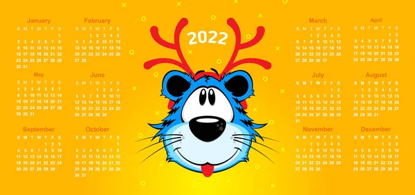 Felice Anno Nuovo 2022 Calendario Sfondo Giallo Cartone Animato Tigre — Vettoriale Stock